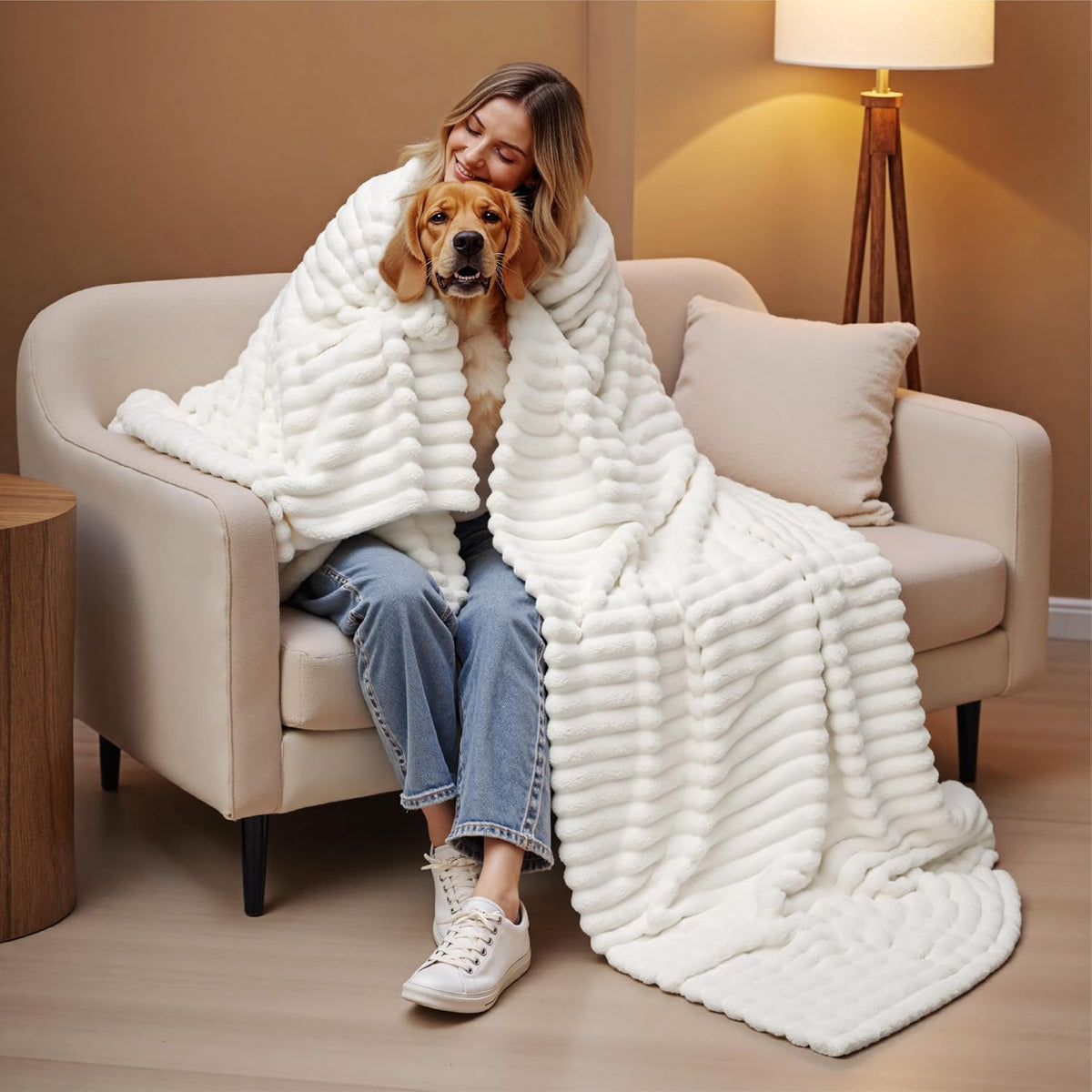 Bedsure GentleSoft Blankets Queen Size for Bed - Cozy Soft Sofa Couch Cover Blankets for Women, Cute Large Bedding Fleece Throws for Girls, Off White, 90x90 Inches