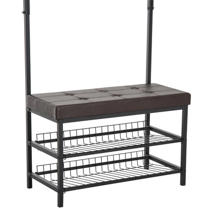 HOMCOM Kleiderständer mit 5 Haken und Schuhbank mit 2 Ebenen, Metallkleiderständer für Flur, Schlafzimmer, 72,5 x 35 x 180 cm