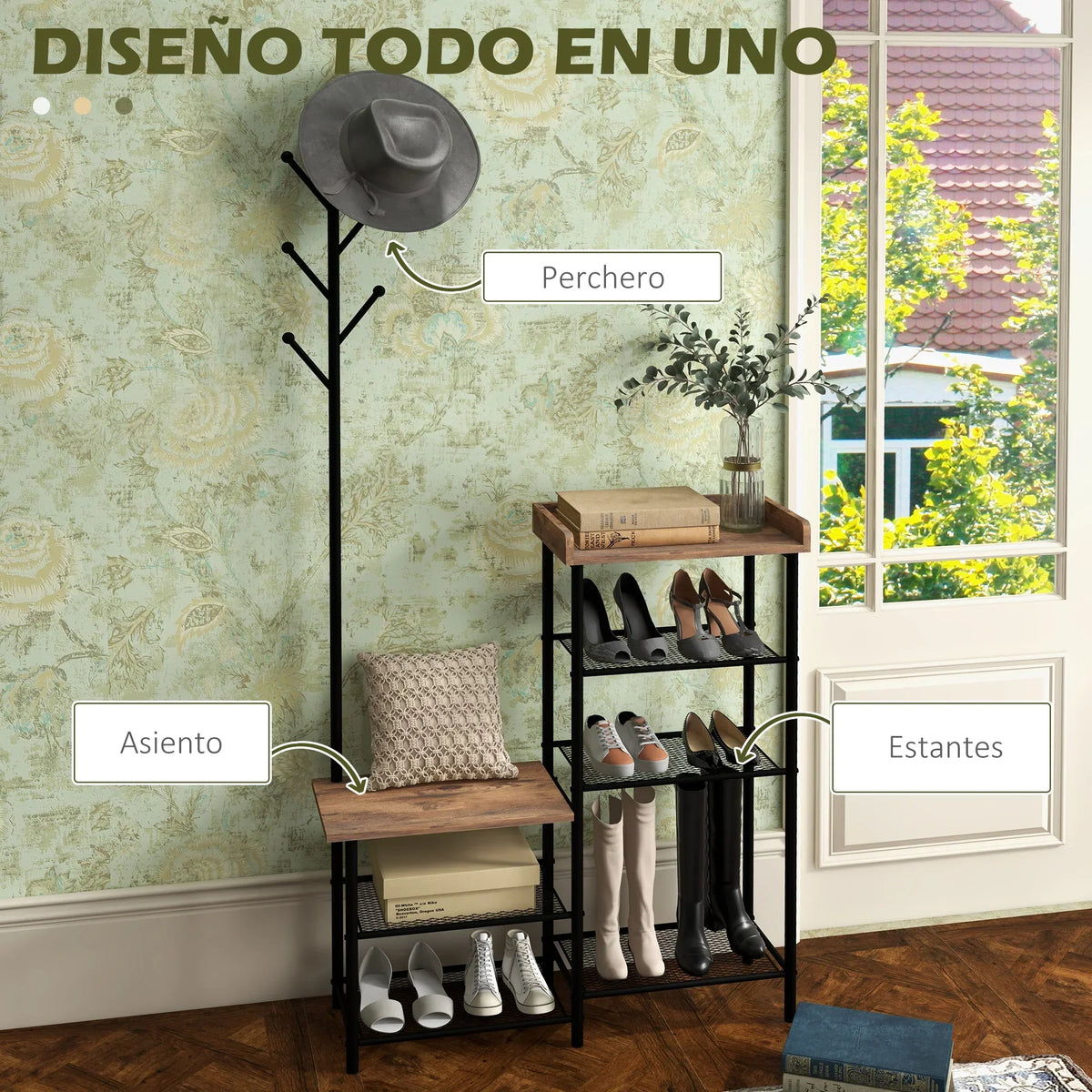 HOMCOM Garderobenständer mit Schuhregal und 5 Regalen - Garderobenständer mit 6 Haken zum Aufhängen von Taschen und Kleidung im Industrie-Design 92,5x28,2x182 cm Rustikal Braun