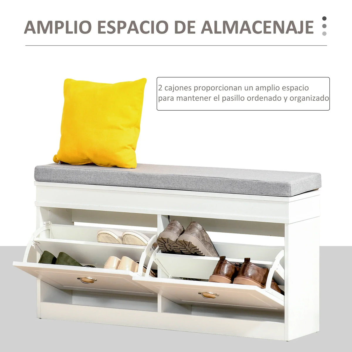 HOMCOM Schuhbank Schuhaufbewahrung für 8 Paare Schuhe mit 2 Schubladen, verstellbaren Regalen und gepolstertem Sitzkissen für Eingangsbereich Flur 104x24x55 cm Weiß