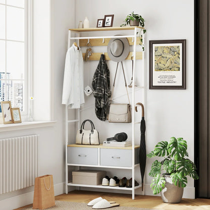 HOMCOM Garderobe mit Schuhregal – Eingangsbereich Garderobe mit Schuhregal, 8 Haken, 2 Stoffschubladen, Maschenregal im industriellen Stil für hängende Kleidung – Flur, Schlafzimmer, Wohnzimmer 80x30x180,5 cm Natur