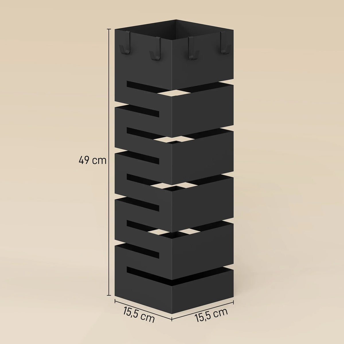 HOMCOM Metall-Schirmständer, quadratisch, mit abnehmbarer Tropfschale & 4 Haken, für Diele, 15,5 x 15,5 x 49 cm, Schwarz