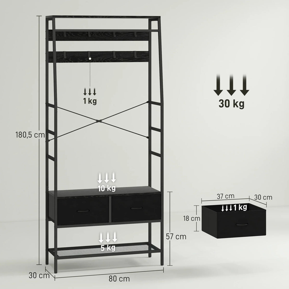 HOMCOM Garderobenständer, Kleiderstange mit Schuhregal, 2 Stoffschubladen, Garderobe mit 8 Haken, Regal, Garderobenständer mit Kippschutz, für Eingangsbereich, Flur, Schlafzimmer, Schwarz