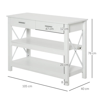 HOMCOM Konsolentisch Flurtisch mit 2 Schubladen und unteren Regalen Moderner Stil Metallrahmen 105x40x76 cm Weiß