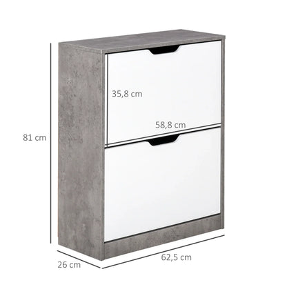 HOMCOM Holz Schuhschrank Schuhregal mit 2 Klapptüren und 4 Ablagen für 8 Paare im Eingangsbereich Flur Schlafzimmer 62,5x26x81 cm Grau